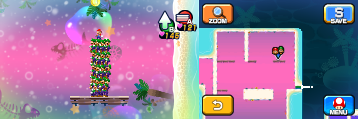 Mario and Luiginoids (in the shape of a stack) near a 100-Coin in Dreamy Driftwood Shore housing Seadric the Seadring of Mario & Luigi: Dream Team.