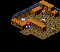 Toad in the Item Shop giving Mario merchandise in Moleville of Super Mario RPG: Legend of the Seven Stars.