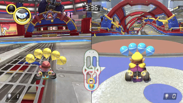 Pink Shy Guy using a Boomerang Flower to attack Wario in Mario Kart 8 Deluxe.