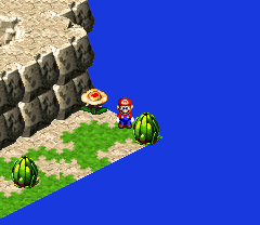 Mario finding a Flower in the second scene of Booster Pass of Super Mario RPG: Legend of the Seven Stars.