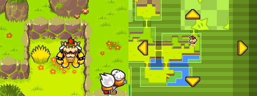 Bowser near a clump of grass which of them contains a Coin in Bumpsy Plains of Mario & Luigi: Bowser's Inside Story.