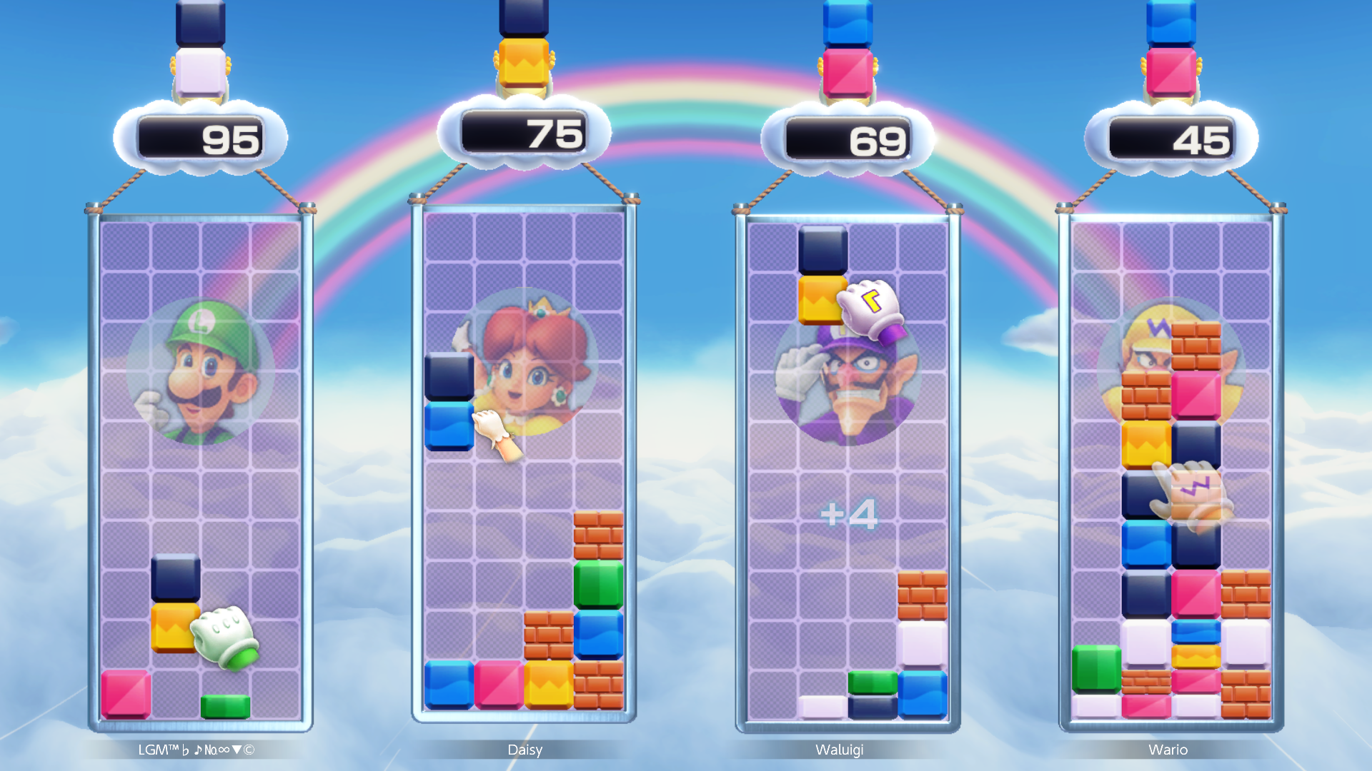 Mario's Puzzle Party Break blocks by connecting two or more of the same color. Thwomps will occasionally fall and squash blocks for you.