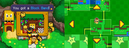 Bowser getting the Block Band from Broque Monsieur in Dimble Wood of Mario & Luigi: Bowser's Inside Story.