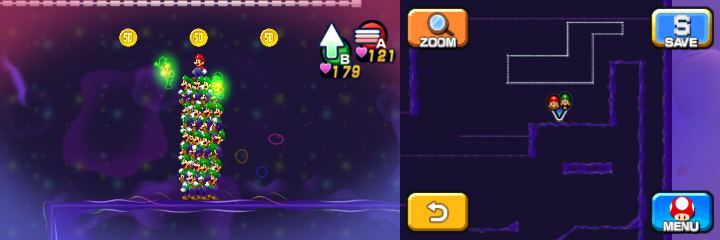 Mario and Luiginoids (in the shape of a stack) near 3 50-Coins in Dream's Deep accessed by Dreamy Pi'illo Castle accessed by the Dreampoint of Mario & Luigi: Dream Team.