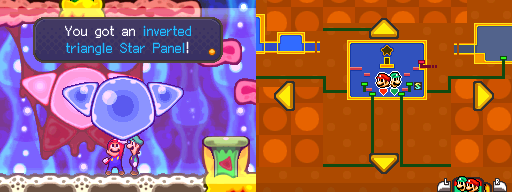 Mario and Luigi picking up the inverted triangle Star Panel of Mario & Luigi: Bowser's Inside Story.