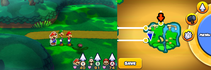 Group near 9 spinny flowers containing a Five Coin each in Gloomy Woods of Mario & Luigi: Paper Jam.