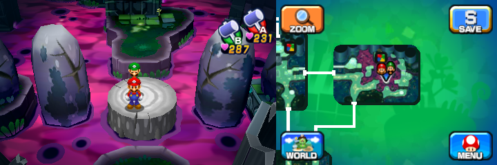 Mario and Luigi near four boulders with two containing a Coin each in Somnom Woods of Mario & Luigi: Dream Team.