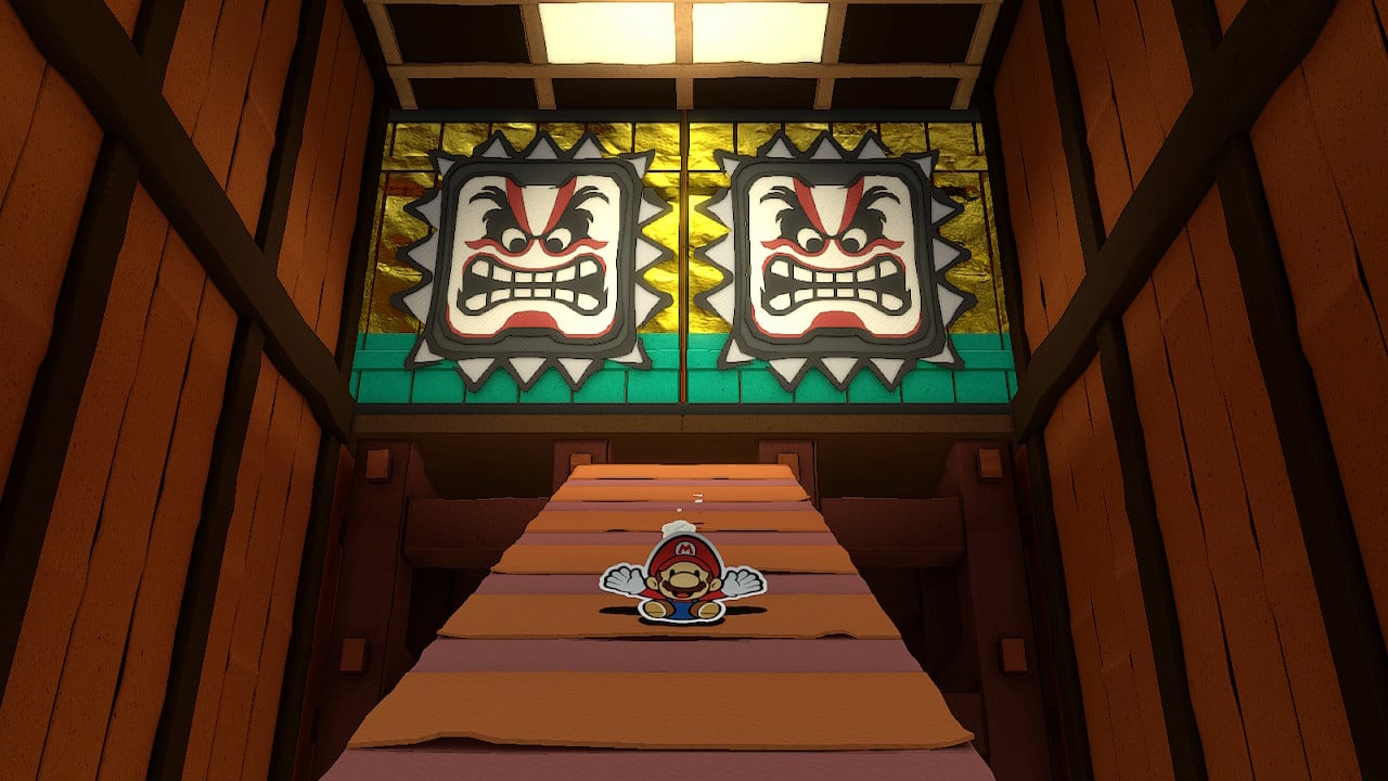 Mario escapes the crushing walls of the Ninja Attraction