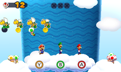 Group of Paper Koopa Paratroopas holding 2 Coins in Sky High Flyby mission of Mario & Luigi: Paper Jam.
