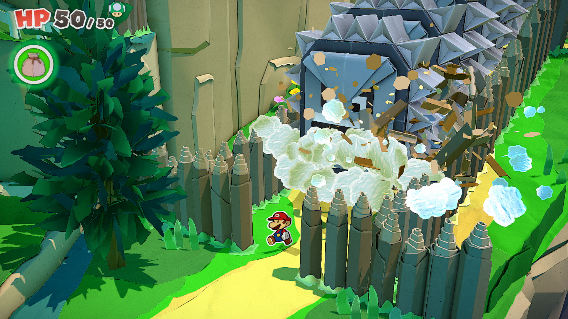 Mario running away from the Thwomps in Overlook Mountain