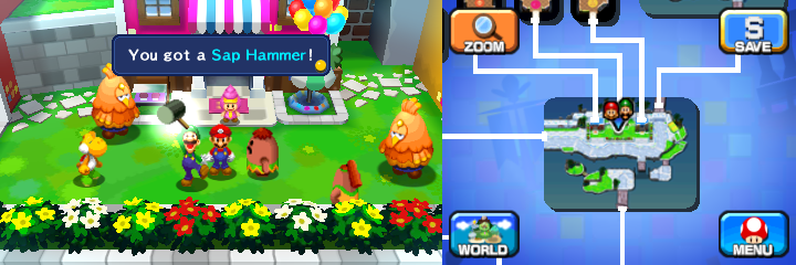 Luigi getting the Sap Hammer from Hoolo in Wakeport of Mario & Luigi: Dream Team.
