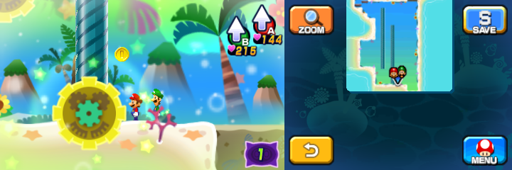 Mario and Luigi near 6 Coins (with one visible) in Dreamy Driftwood Shore accessed by the third Pink Pi'illo of Mario & Luigi: Dream Team.