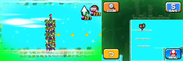 Mario and Luiginoids (in the shape of a stack) near 7 Coins (with 4 visible) in Dreamy Somnom Woods accessed by the Dreampoint of Mario & Luigi: Dream Team.