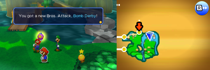 Mario picking up the Bomb Derby Bros. Attack after Nabbit drops it in Gloomy Woods of Mario & Luigi: Paper Jam.