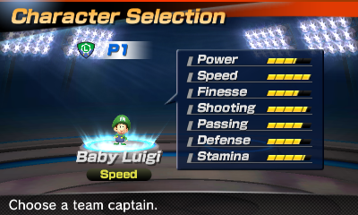 Baby Luigi's stats in the soccer portion of Mario Sports Superstars