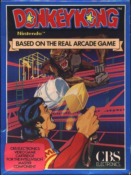 A poster for the Intellevision Donkey Kong port is shown. Central to the poster is a blue void with red girders criss-crossing it. The girders are connected by ladders, some of which are broken. On one of the girders, a woman, Pauline, is in a yellow cage. She is guarded by a large menacing ape, Donkey Kong, baring his fangs and throwing a silver barrel. Donkey Kong throws the barrel at a man, Mario, here depicted as a chiseled, comic book superhero-esque man with a full head of black hair. Mario wields a hammer with a thick golden block for a head. Centered near the top is the text "Donkey Kong", followed by "Nintendo (TM)", followed by a banner reading "based on the real arcade game". In the bottom left corner, text reads "CBS Electronics Video Game Cartridge for the Intellevision Master Component. In the bottom right are words reading "CBS Electronics".