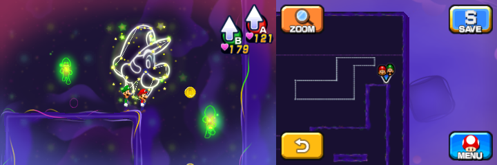 Mario and Luigi near 15 Coins (with only one visible) in Dream's Deep accessed by Dreamy Pi'illo Castle accessed by the Dreampoint of Mario & Luigi: Dream Team.