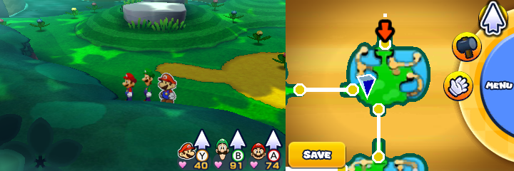 Group near 10 spinny flowers containing a Five Coin each in Gloomy Woods of Mario & Luigi: Paper Jam.
