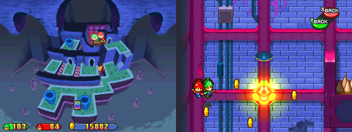 Baby Mario and Baby Luigi near the line of coins in Peach's Castle Cellar of the past of Mario & Luigi: Partners in Time.