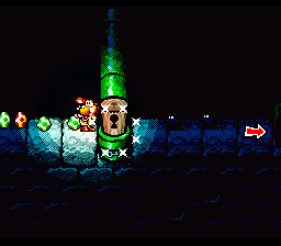 Yoshi opening the corked pipe in the level Tap-Tap The Red Nose's Fort in Super Mario World 2: Yoshi's Island.