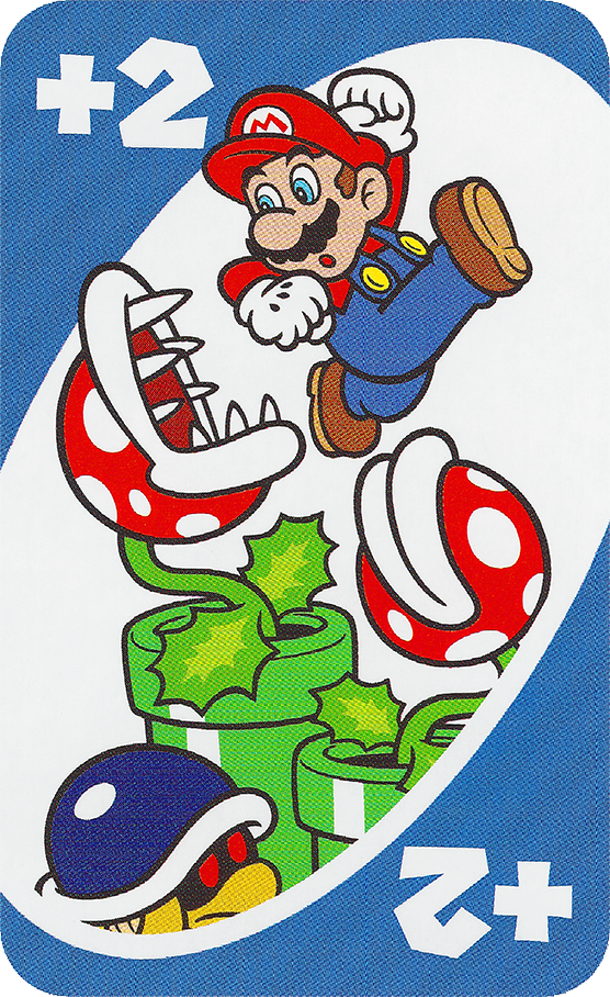 The Blue Draw 2 card from the UNO Super Mario deck (featuring Mario, Piranha Plants, and a Buzzy Beetle)