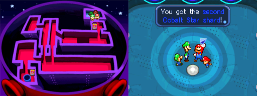 The quartet picking up the Cobalt Star Shard in Vim Factory of Mario & Luigi: Partners in Time.
