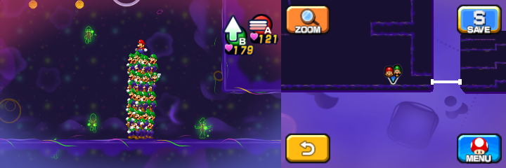 Mario and Luiginoids (in the shape of a stack) near 8 Coins and 3 50-Coins (with only two Coins visible) in Dream's Deep accessed by Dreamy Pi'illo Castle accessed by the Dreampoint of Mario & Luigi: Dream Team.