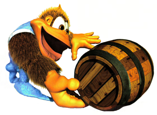 Kiddy Kong tosses a barrel.
