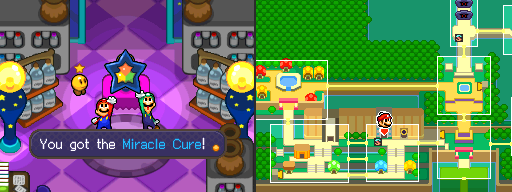 Mario and Luigi getting the Miracle Cure from Dr. Toadley in Toad Town of Mario & Luigi: Bowser's Inside Story.