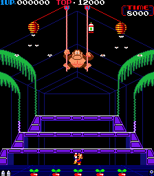 Screenshot of the blue greenhouse in the arcade version of Donkey Kong 3