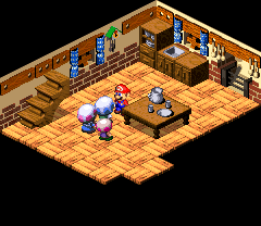 Dad Toad giving Mario a Flower Tab in the Mushroom Kingdom of Super Mario RPG: Legend of the Seven Stars.