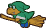 Battle idle animation of a Green Magikoopa riding a broomstick from Paper Mario