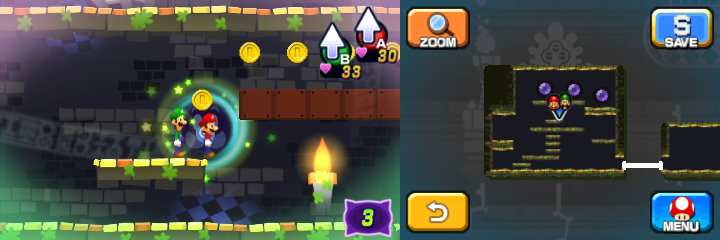 Mario and Luigi near five Coins in Dreamy Pi'illo Castle accessed by a first Blue Pi'illo of Mario & Luigi: Dream Team.