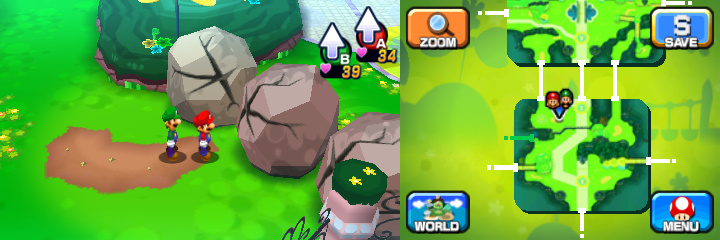 Mario and Luigi near three boulders containing a Coin each in Mushrise Park of Mario & Luigi: Dream Team.