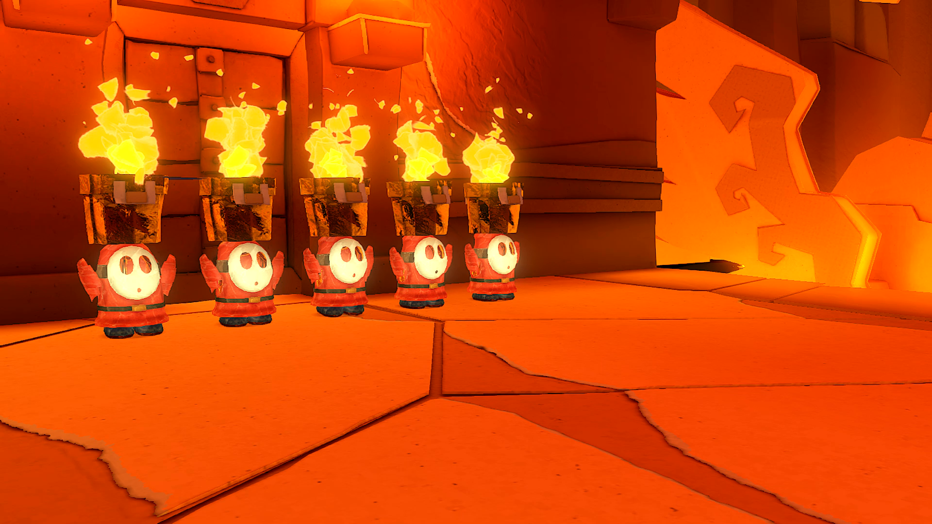 Paper Macho Shy Guys carrying flaming buckets of oil