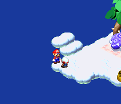 Toad giving Mario 2 Red Essences in Nimbus Land of Super Mario RPG: Legend of the Seven Stars.