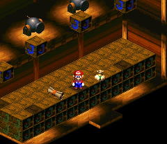 Mario finding a Mushroom in the fifth puzzle room of Sunken Ship of Super Mario RPG: Legend of the Seven Stars.