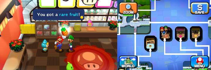 Mario getting the Rare Fruit from a blue Shelltop in Wakeport of Mario & Luigi: Dream Team.
