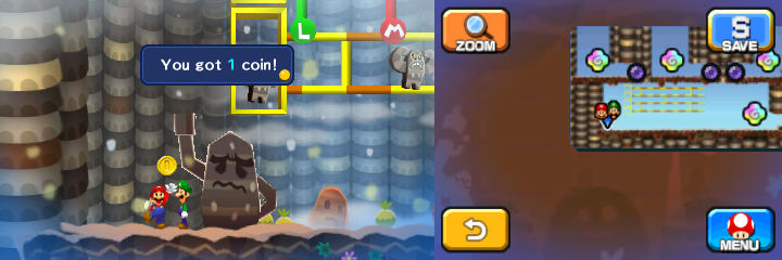 Mario getting a Coin from completing the light puzzle found in Dreamy Mount Pajamaja accessed by the first Blue Pi'illo of Mario & Luigi: Dream Team.