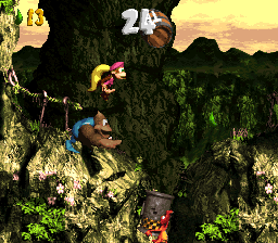 Dixie Kong and Kiddy Kong in the first Bonus Area of Criss Kross Cliffs.