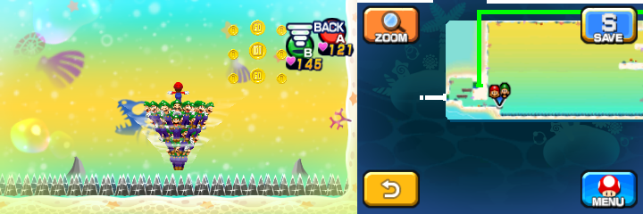 Mario and Luiginoids (in the shape of a cone) near 6 Coins, 2 50-Coins and 100-Coin in Dreamy Driftwood Shore housing Seadric the Seadring of Mario & Luigi: Dream Team.