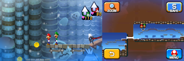 Mario and Luigi near 2 Coins in Dreamy Mount Pajamaja accessed by a Dreampoint found at the peak of the real world mountain of Mario & Luigi: Dream Team.