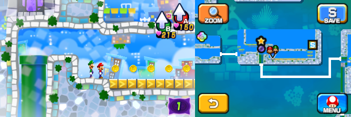 Mario and Luigi near 11 Coins (with 5 visible) in Dreamy Wakeport accessed by the Bedsmith Pi'illo/Pi'iloper's Dreampoint of Mario & Luigi: Dream Team.