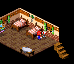 Toad giving Mario a Flower Tab on the second floor of the inn in Rose Town of Super Mario RPG: Legend of the Seven Stars.