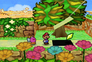 Mario finding a Star Piece under a hidden panel near the tree in Flower Fields in Paper Mario