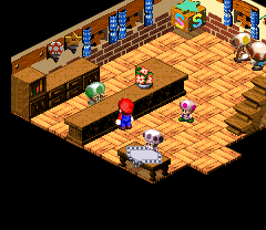 Marrymore hotel receptionist giving Mario a gift for staying in the hotel in Marrymore of Super Mario RPG: Legend of the Seven Stars.