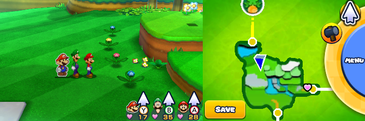 Group near 4 spinny flowers containing a Coin each in Sunbeam Plains of Mario & Luigi: Paper Jam.
