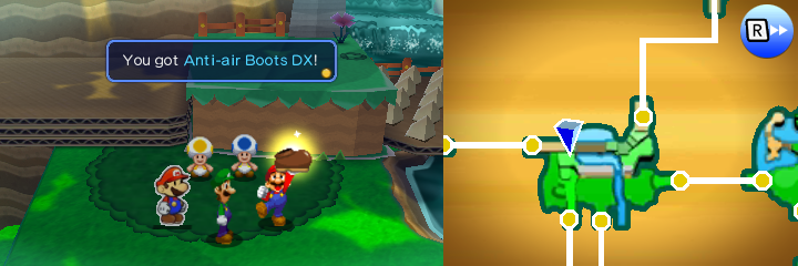 Mario getting the Anti-air Boots DX from a pair of Toads in Gloomy Woods of Mario & Luigi: Paper Jam.