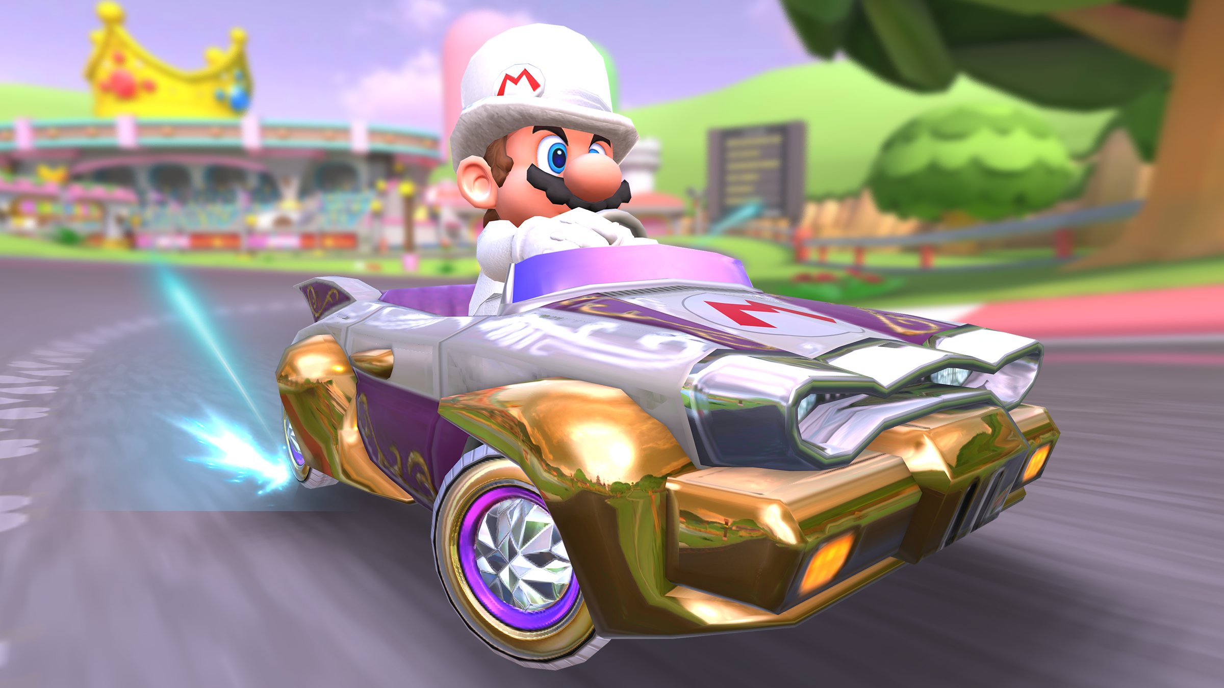 Mario (Tuxedo) drifting in the Grand Badwagon on the R variant