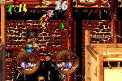 Dixie and Kiddy collect green bananas in the second Bonus Level of Squeals on Wheels in the Game Boy Advance remake of Donkey Kong Country 3.